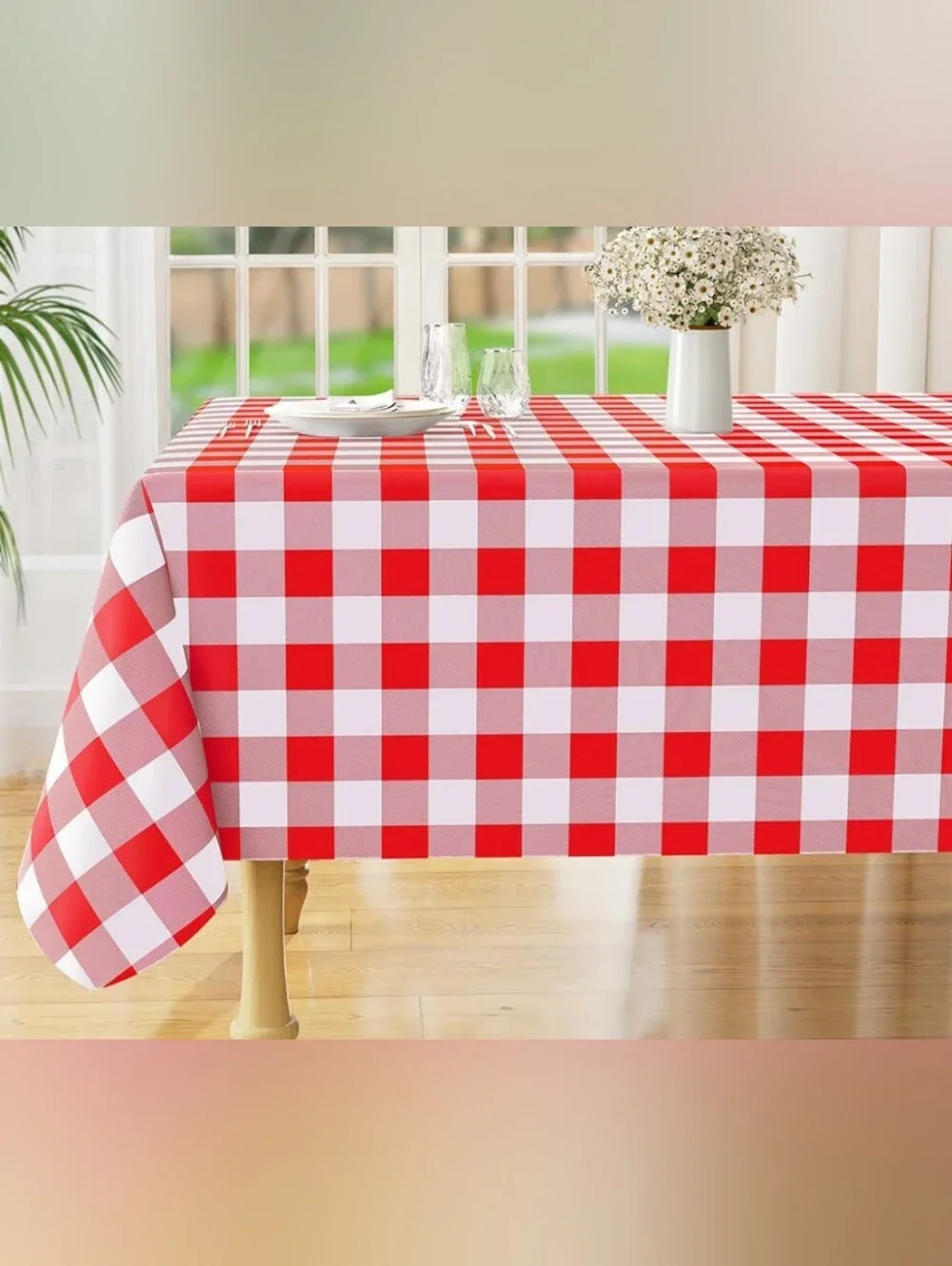 Red & White Buffalo Check Waterproof Polyester Tablecloth 102 X 58